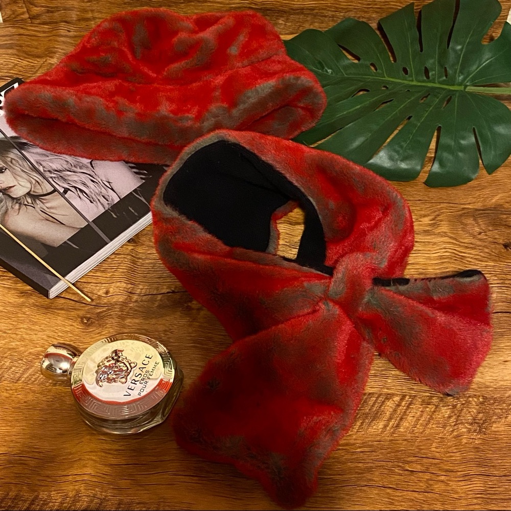 COPY - Parkhurst red & grey faux fur crossover scarf made in Canada NWOT